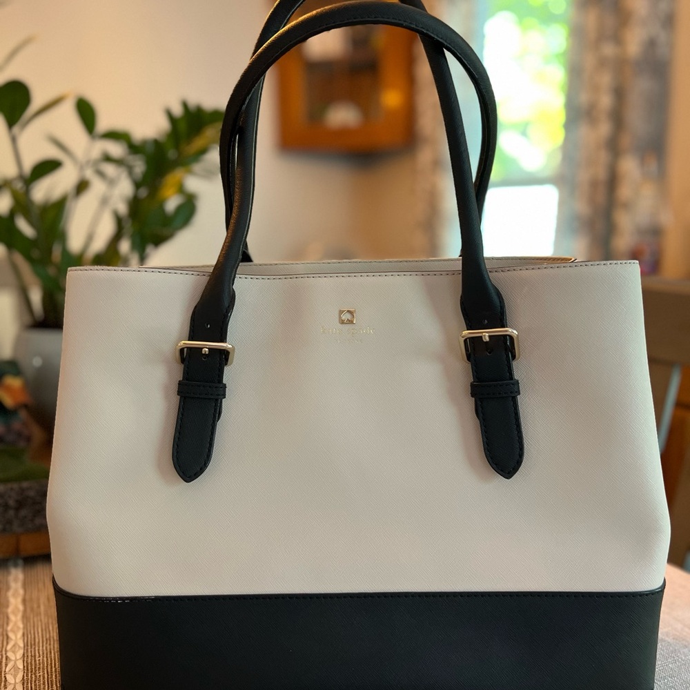 ♠️Kate Spade Large Saffiano Leather Tote Black Cream Work Bag Shoulder Purse